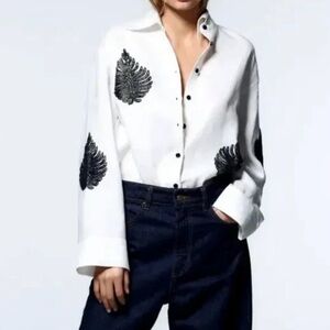 ZARA White Linen Beaded Button Down Shirt Size Medium
